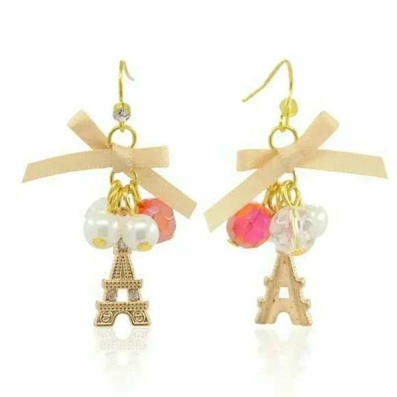 Handmade Paris Eiffel Tower 14K Gold Plated Czech Crystal Glass and Bow Earrings - Picture 3 of 3